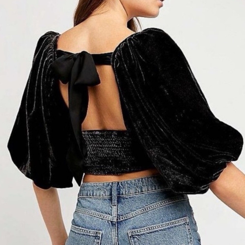 Free People Marie Black Velvet Puff Sleeve Tie-Back Blouse - Picture 3 of 13
